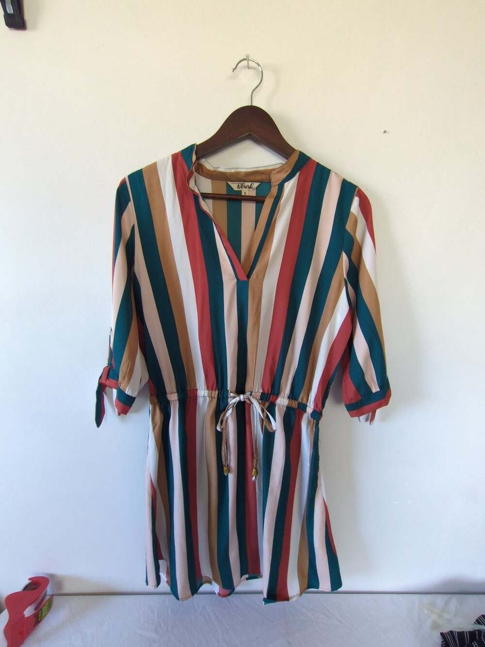 Hint of Blush Striped Dress Size S Multi-Color V-Neck Drawstring Waist